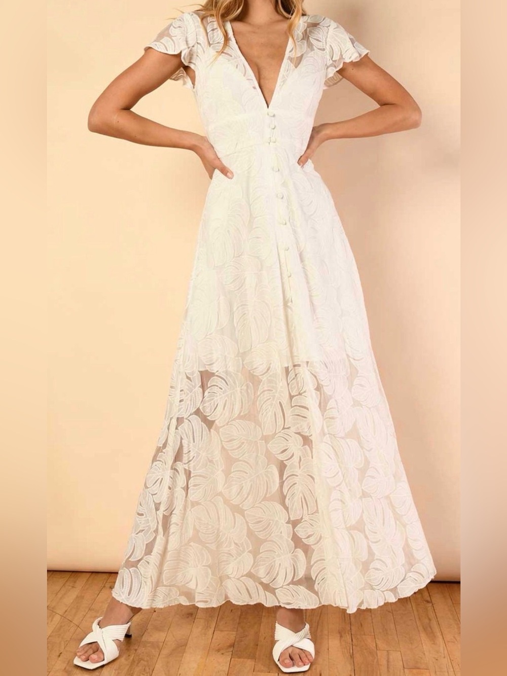 Hutch Nia Monstera Leaf Lace Overlay Maxi Dress